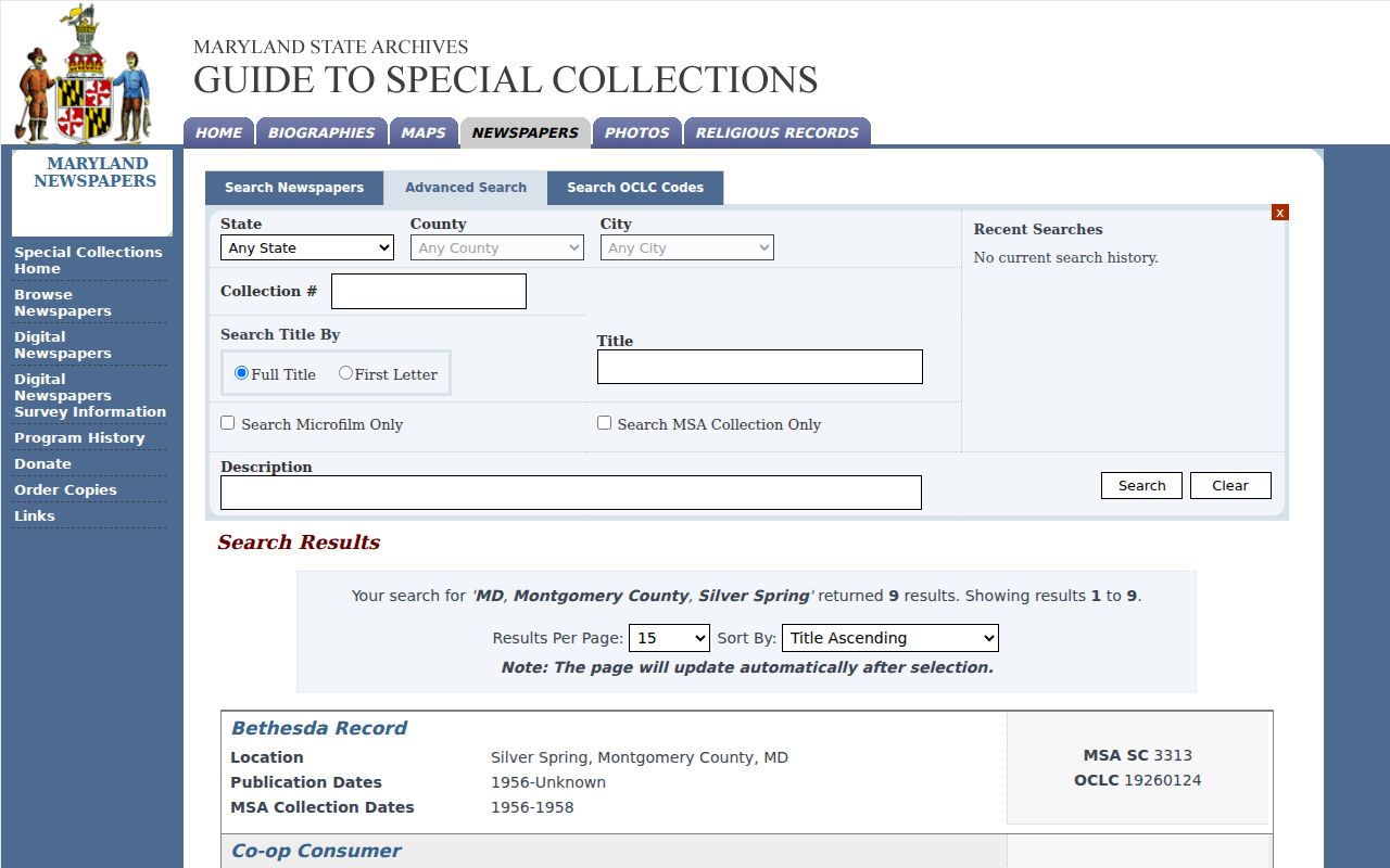 Silver Spring people directories research view of Maryland State Archives newspaper holdings