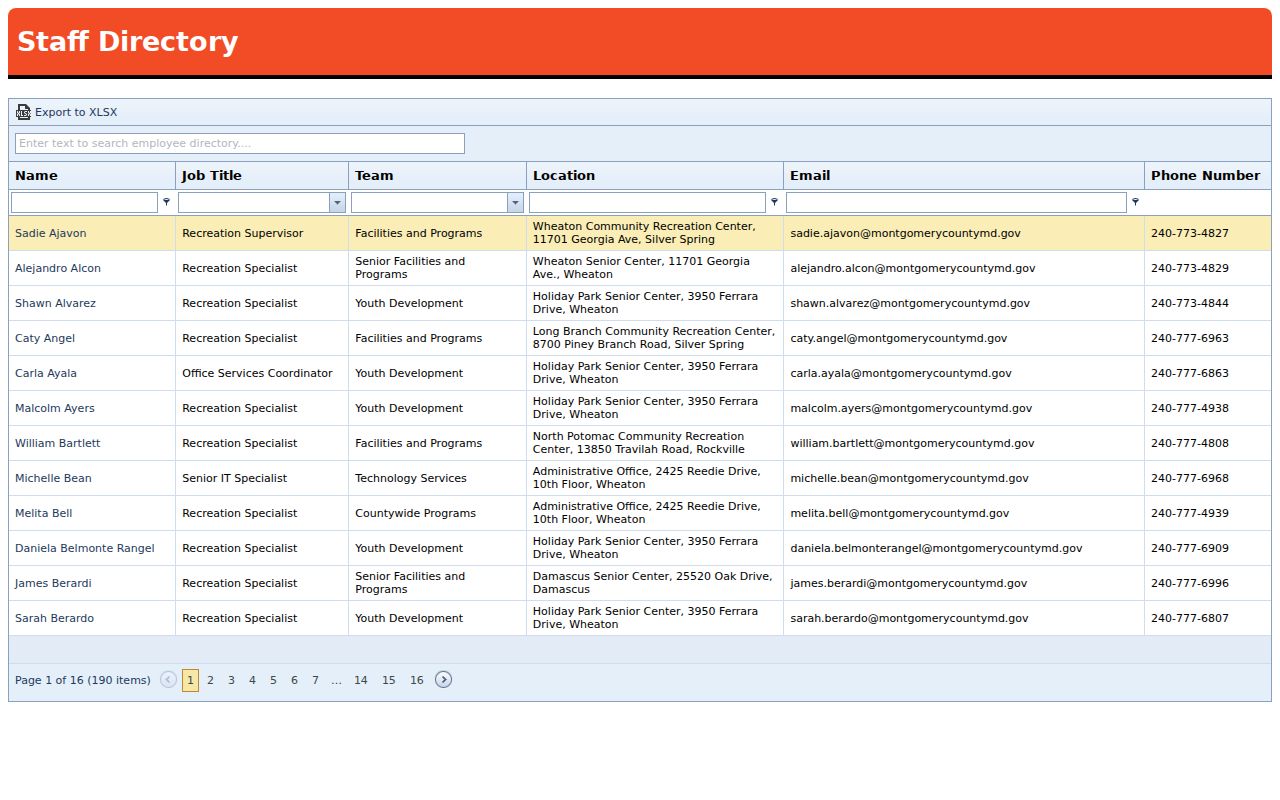 Silver Spring people directories view of the Montgomery County Recreation staff grid