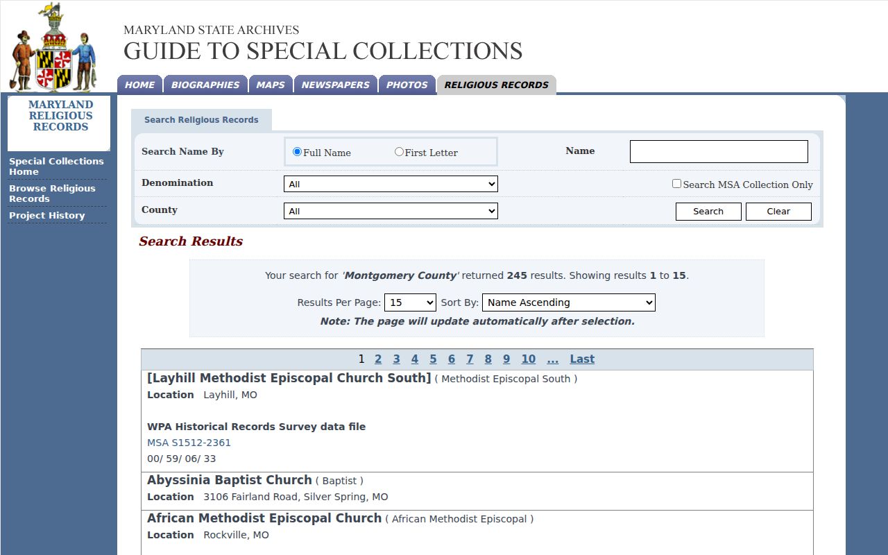 Silver Spring people directories capture of Montgomery County religious record catalog results